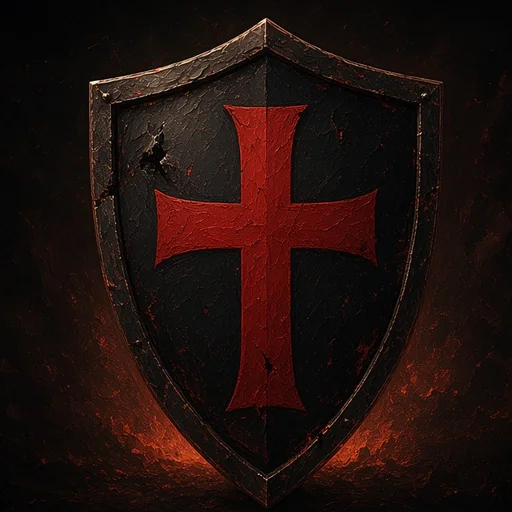 Blackshield Company crest, a black shield with a red cross