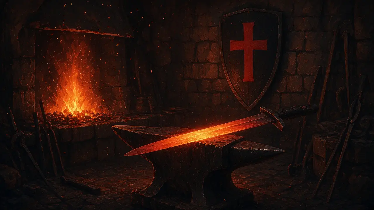 A glowing sword on an anvil before a forge, with a red-cross shield on the stone wall