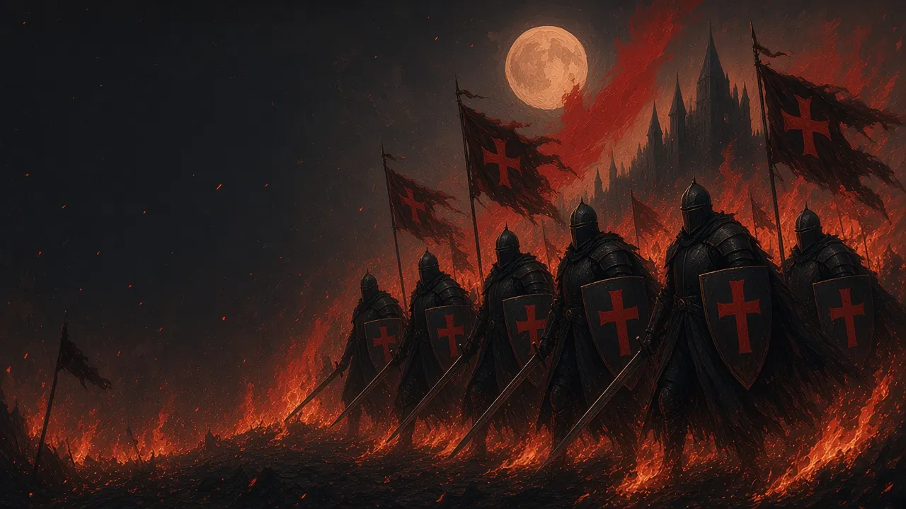 Knights in black plate with red-cross shields advance through fire toward a dark castle