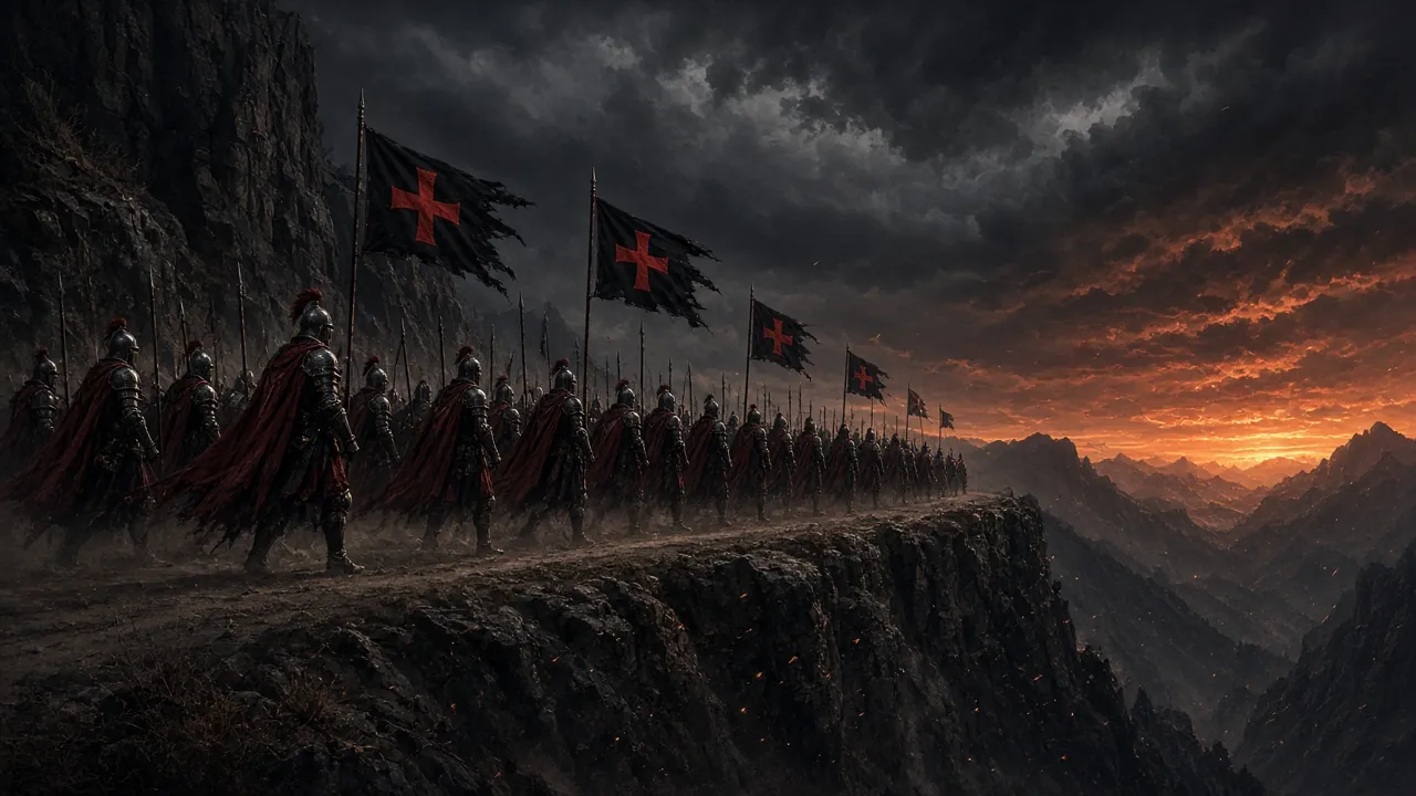 A column of knights in black plate and red cloaks marches along a cliff edge under red-cross banners at sunset
