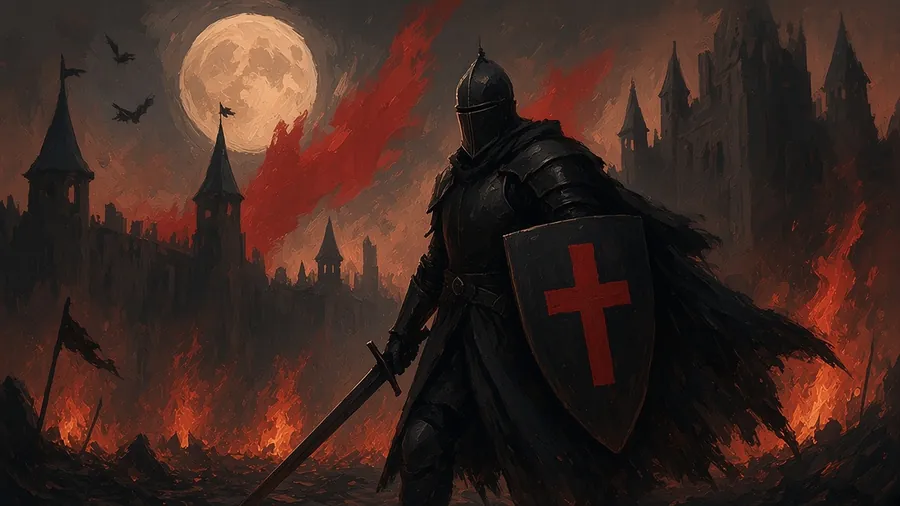 A lone knight in black plate holds a red-cross shield and a sword before a burning castle