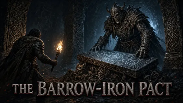 Cover art for The Barrow-Iron Pact, a Skyrim mod: iron that never rusts and a pact older than Skyrim's kings