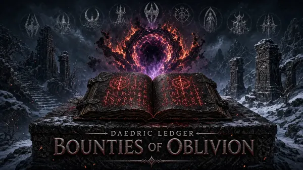 Cover art for Daedric Ledger - Bounties of Oblivion, a Skyrim mod: radiant Daedric Prince tasks