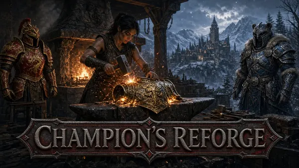 Cover art for Champion's Reforge, a Skyrim mod: a stolen design for a champion's harness