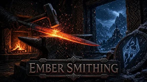 Cover art for Ember Smithing, a Skyrim mod: heat-tempering tiers and engraved armor