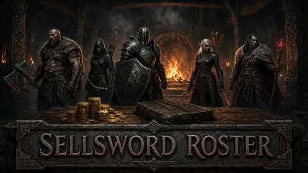 Cover art for Sellsword Roster, a Skyrim mod: rotating named sellswords with traits and wages