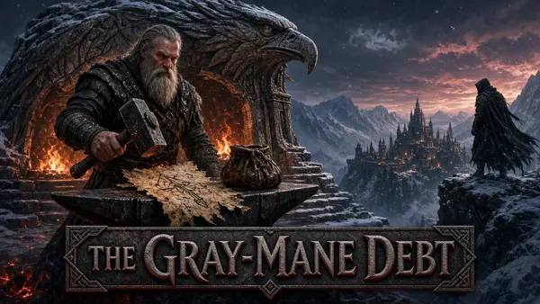 Cover art for The Gray-Mane Debt, a Skyrim mod: Eorlund's stolen Skyforge pattern