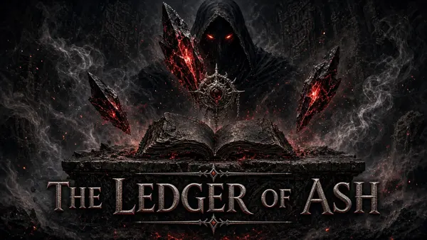 Cover art for The Ledger of Ash, a Skyrim mod: three debts sealed in soul-glass