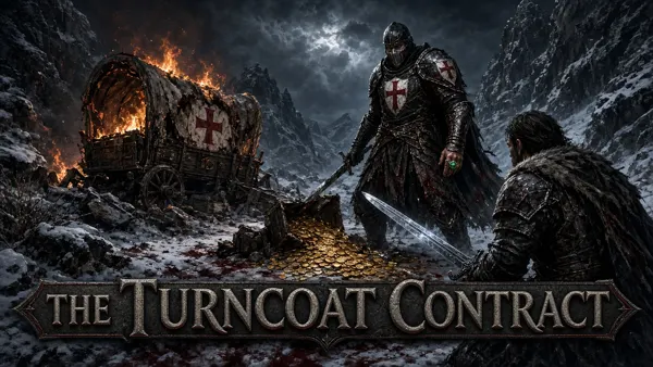Cover art for The Turncoat Contract, a Skyrim mod: an ambushed payroll and a traitor wearing the Blackshield
