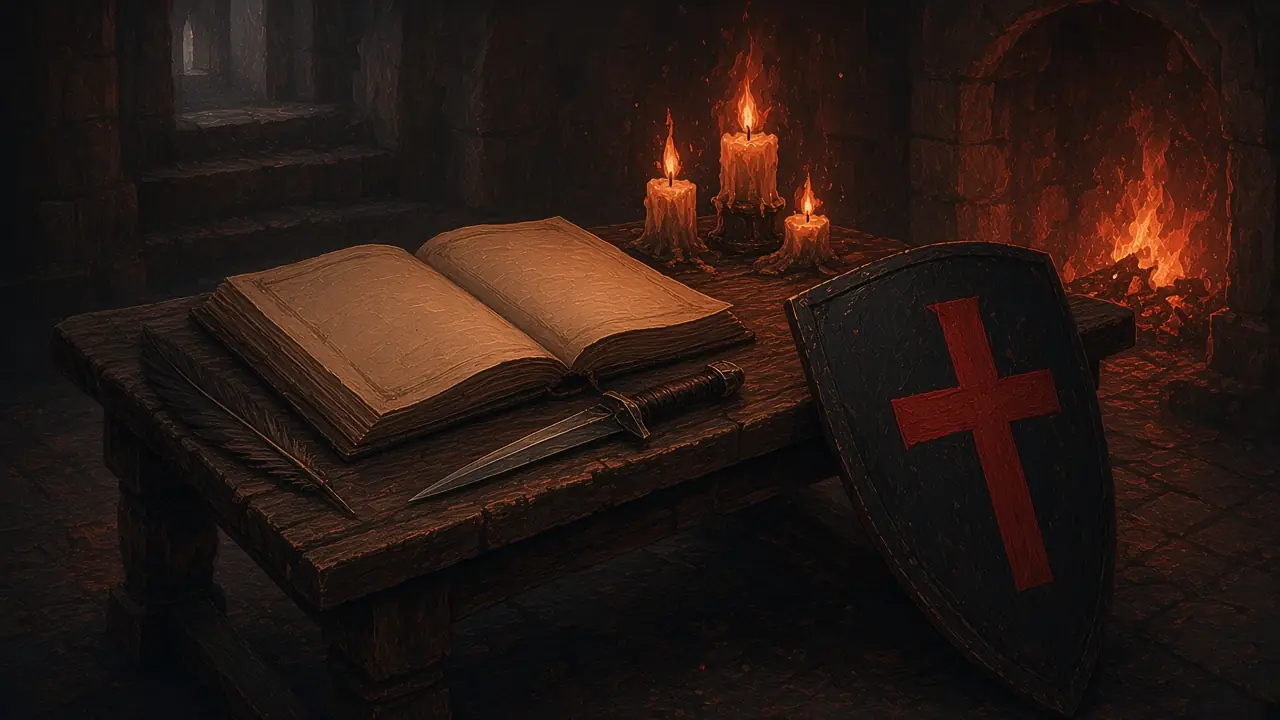 A war table with an open ledger, a dagger, candles, and a red-cross shield